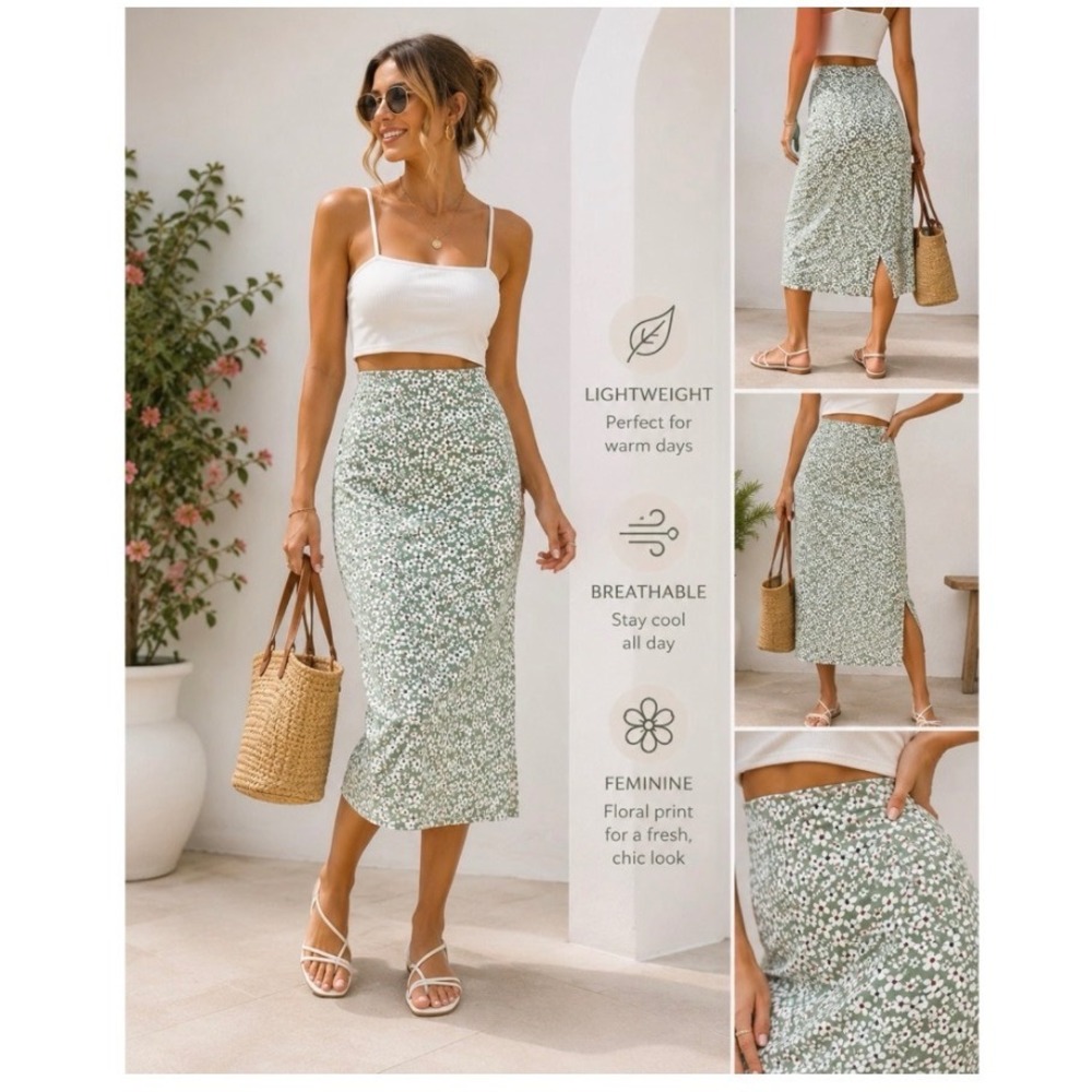 SHEIN Green Floral Maxi Cottagecore Boho Skirt White Daisy Print Women Small